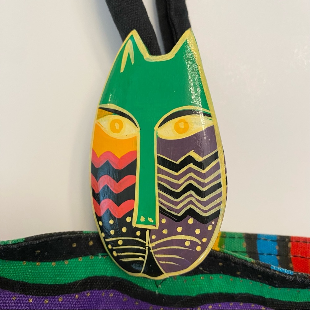 Laurel Burch Tote Bag Cats Canvas Coated Interior Vibrant Zipper Large Retired - Picture 3 of 14